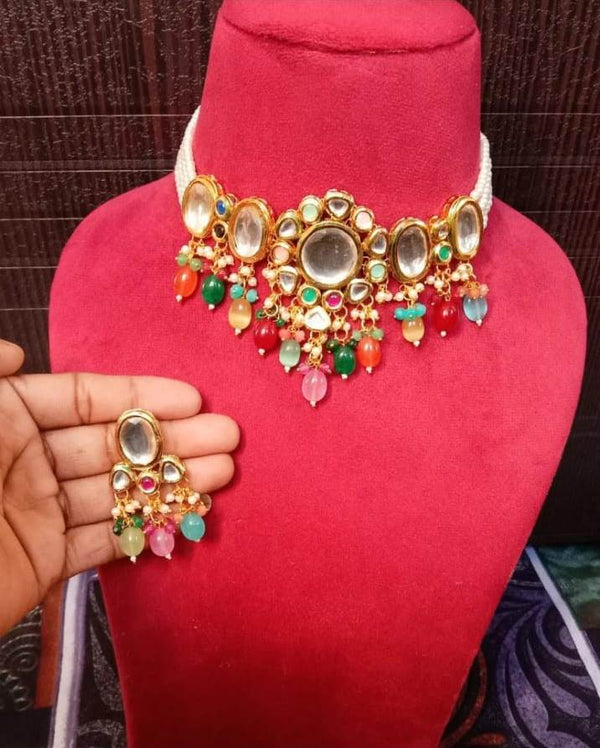 Multicolor Stones & Beads Multistrand Beaded Kundan Choker Necklace With Earring By Punjabi Swagg